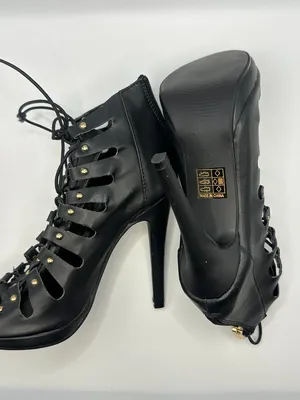 Black Studded Strappy Lace Up Stiletto Heel Ankle Booties Open Toe 6 Rocker Glam thumbnail 8