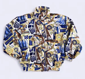 Vintage Retro FUDA International 100% Silk Bomber Jacket Blue Nautical Celestial Astrology Whimsy Whimsigoth Abstract Quirky Size L thumbnail 1