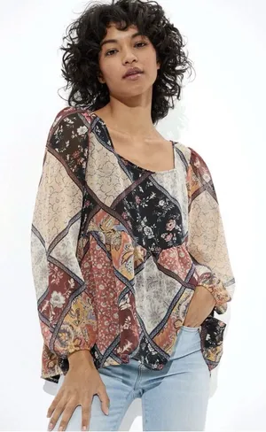 American Eagle Outfitters Patchwork Peasant Top - Black, Brown, Cream, Rust thumbnail 1