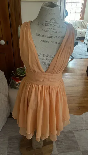 This orange Abercrombie & Fitch mini dress features a deep V-neckline, a ruched waistband, and a flared chiffon skirt thumbnail 1