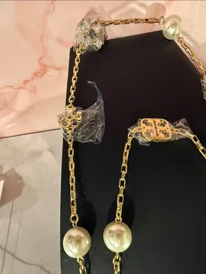 Tory Burch | Gold Plated, Crystal & Pearl Long Station Necklace thumbnail 5