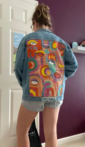unique hand painted abstract jean jacket Multiple Size L thumbnail 2