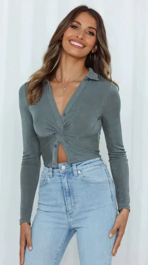 Hello Molly Patience Needed Crop Khaki Long Sleeves‎ Green Size S thumbnail 1