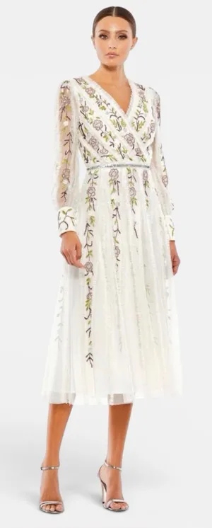 NWT MAC DUGGAL 9133 Hand-Beaded Floral Long-Sleeve Midi‎ Dress, Sz 2, IvoryMulti thumbnail 1