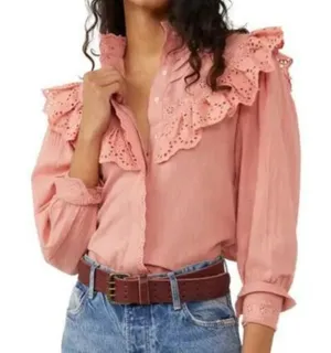 Free People X-Small Hit the Road Top Ruffle Button Puff Sleeve Lightweight Pink thumbnail 1