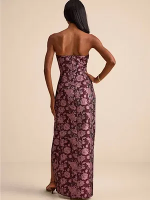 Lulu's Plum Strapless Floral Jacquard Gown with Side Slit thumbnail 3