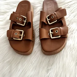 Zara Leather Double Buckle Wooden Platform Sandal Sz 7.5 thumbnail 2
