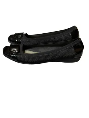 Anne Klein Sport 10M Black Fabric Patent Cap Toe Buckle Low Wedge Ballet Flat thumbnail 4