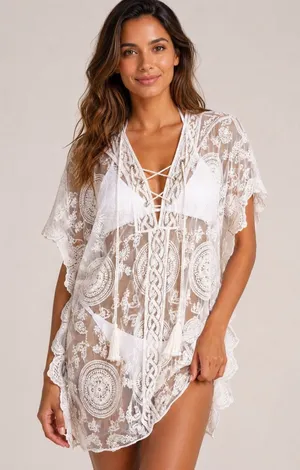 Cream Lace Crochet Kimono Cover Up Beach Swim Tassel Tie Sheer Embroidered OS thumbnail 1