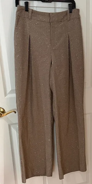 Elegant Tan Women's Pants wide leg plaid sequin stretch waist on 34th medium thumbnail 1