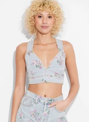 Wild Fable Floral Denim Crop Top thumbnail 1