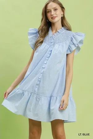 Umgee Stripe Smocked Yoke Ruffle‎ Dress - Lt. Blue - Small thumbnail 1