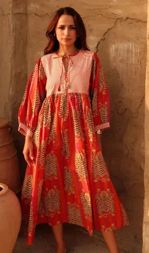Bohemian Tiger Tigress Stripe Midi Dress 100% cotton made in India Red thumbnail 1