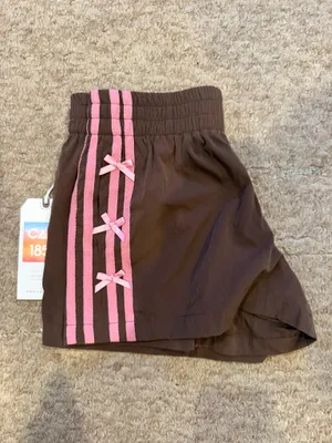 Brown athletic shorts with pink stripes and bows thumbnail 2