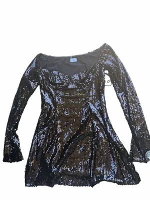NEW Oh Polly Black Off-Shoulder Sequin Mini Dress Bustier Long sleeve birthday thumbnail 6