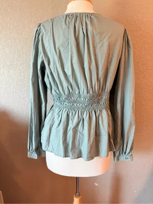 Gap Smocked Waist Peplum Blouse Sage Green Cotton Top Size L thumbnail 2