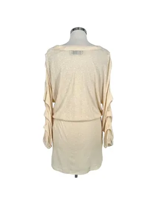 Free People Beach Bambi Mini Dress Ruched Sleeve V-Neck Ivory Cream Size Large thumbnail 7