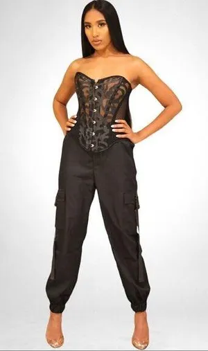Black ornate leatherette design vintage steam punk style corset with mesh back thumbnail 1