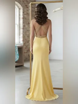 Yellow Halter Prom Gown with Beaded Waist thumbnail 2