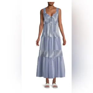 Betsey Johnson Stripe Play Yarn-Dye Tiered Maxi Dress Blue Small size Gingham thumbnail 7