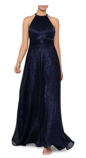 AQUA Formal Metallic Crinkle Halter Gown navy blue Size 0 NWOT thumbnail 1