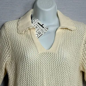 41 Hawthorn Womens Ecru Open Knit Cotton Polo Sweater Short Sleeve XS NEW thumbnail 4