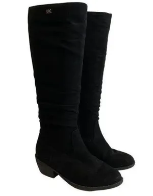Steve Madden Fia Aven Grunge Black faux suede leather knee-high riding boots MK gold logo #gothic #whimsygoth boho western indie hippie country #harness #campus #riding equestrian festival biker thumbnail 1
