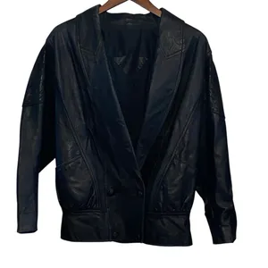 Vintage 80s 90s Black Leather Jacket shoulder pads Animal Print Detail thumbnail 3