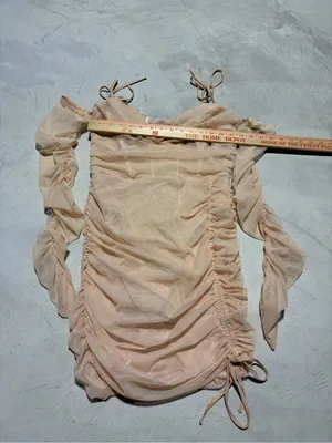 Oh Polly NWT Women's Ruched Tie-Strap Mesh Dress sand 8 thumbnail 6