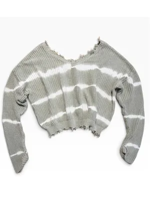 Women's Jessica Simpson Distressed Knit Sweater Green White Striped Size L thumbnail 2