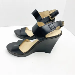 GUESS Jasminn Leather Upper Black Open Toe Wedge Sandals 8.5 Wedding Brunch thumbnail 10