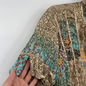 Y2K Piano Patchwork Snap Top Sz M Boho Festival Crinkle Artsy Satin Chiffon Tan thumbnail 3