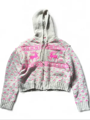 American Eagle Elk Zip Up Hooded Knit Sweater Pink & Cream Fair Isle Motif Sz S thumbnail 2