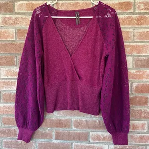 Anthropologie Lace Sleeve Women’s Medium Berry Pink Ribbed Feminine Flirty thumbnail 3