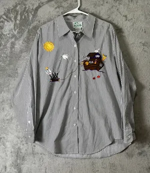 Vintage Noah’s Ark Embroidered Striped Button Down Shirt Whimsical Large thumbnail 1