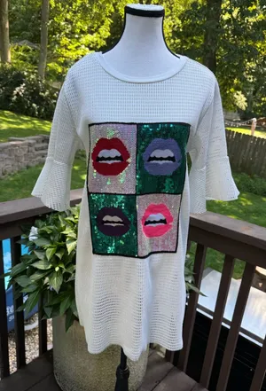 OLE by KOTON Sequins Lips Pop Art Mesh Netting Knit Sheer Top Shirt M Medium thumbnail 1