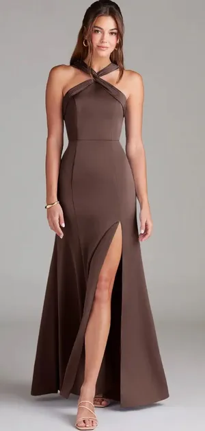 Azazie Rue Ganache Mermaid Pleated Stretch Satin Dress thumbnail 1