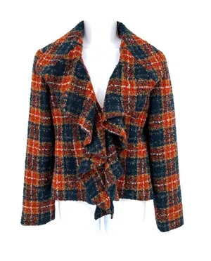 Anthropologie Tabitha Moretown Orange Blue Plaid Ruffle Blazer Jacket Size 2 thumbnail 1