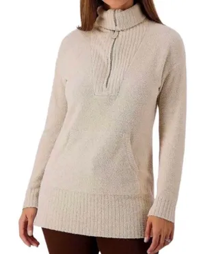 Barefoot Dreams CozyChic Lite High Rib Half Zip Tunic Sweater Biscotti Cream XL thumbnail 1