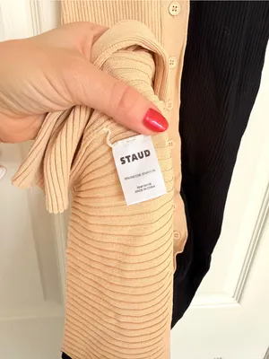 STAUD Shoko Two Tone Ribbed Button Down Midi Dress Colorblock Cream tan Black XS thumbnail 9