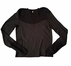Free People M Black "Colette" Long Sleeve Pointelle Ribbed Crochet Knit Top thumbnail 1