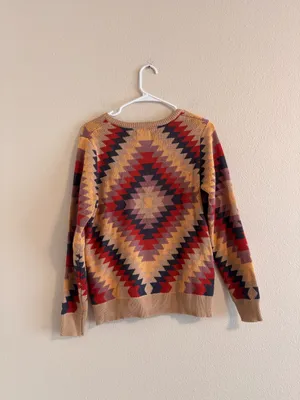 Cotton & Rye Crewneck Sweater in Tan with Red & Navy Geo Pattern thumbnail 3