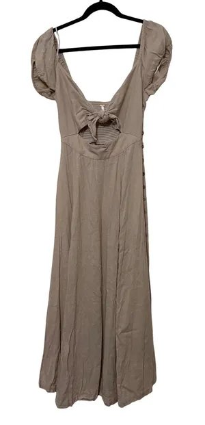 Free People Tan Tie Front Cutout Puff Sleeve Midi Dress Womens‎ XS thumbnail 1