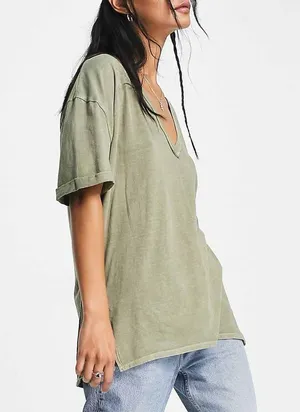 Free People Slouchy V-neck T-shirt in Khaki, Size M NEW w/Tag thumbnail 3