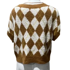Free People Sweater Vest Womens Petite S Brown Ivory Argyle V-Neck Fuzzy thumbnail 2