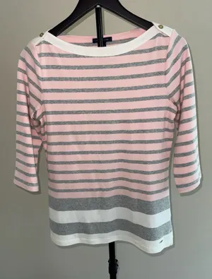 Tommy Hilfiger Pink and Grey Striped Boat Neck 3/4 Sleeve Top size-M thumbnail 1