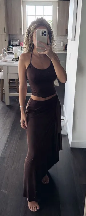 Brown Maxi Wrap Skirt with Halter Top (Size XS) thumbnail 1