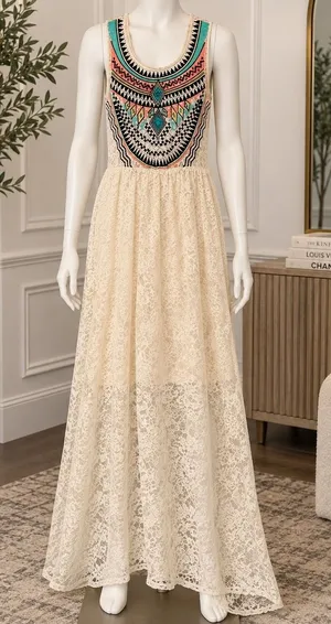 Lulumari Women Maxi Dress Lace Tribal Embroidered High Low Cream Size Medium thumbnail 1
