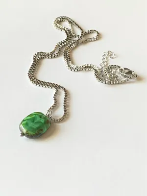 Handmade stainless steel chain & green Picasso Czech glass bead chic vintage retro style simple necklace💚 thumbnail 7
