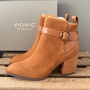 Vionic Tenley Ankle Boot Suede Leather Mid‎ Shaft Zip Closure Toffee 8M NIB thumbnail 4